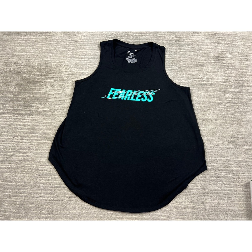 Xersion Tank Top Womens M Black Fearless Quick-Dri Graphic Curved Hem Activewear